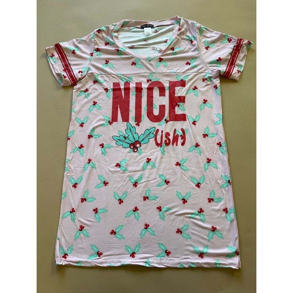 Fashion Nova Niceish Christmas Pajama Sleep Shirt Dress Pink Holly L New